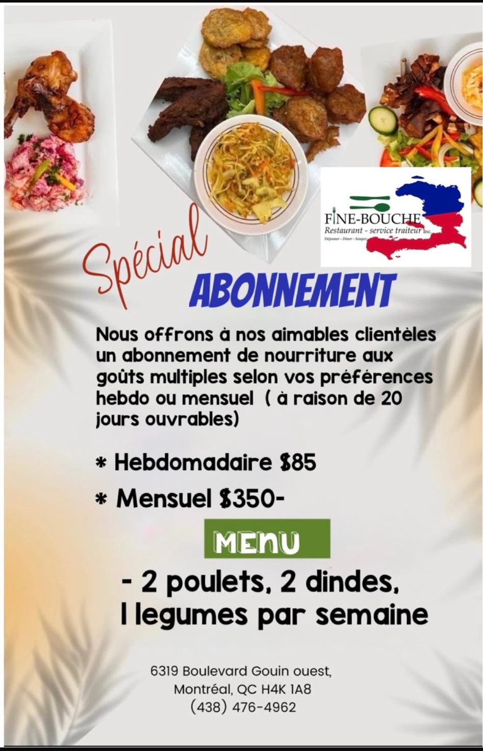 Affiche Spécial Abonnement : Hebdomadaire 85 $, Mensuel 350 $, menu de 2 poulets, 2 dindes, 1 légumes par semaine